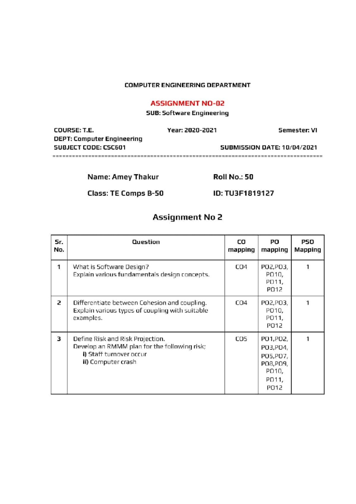CSC601 T.E. VI Semester Software Engineering Assignment 2 - Studocu