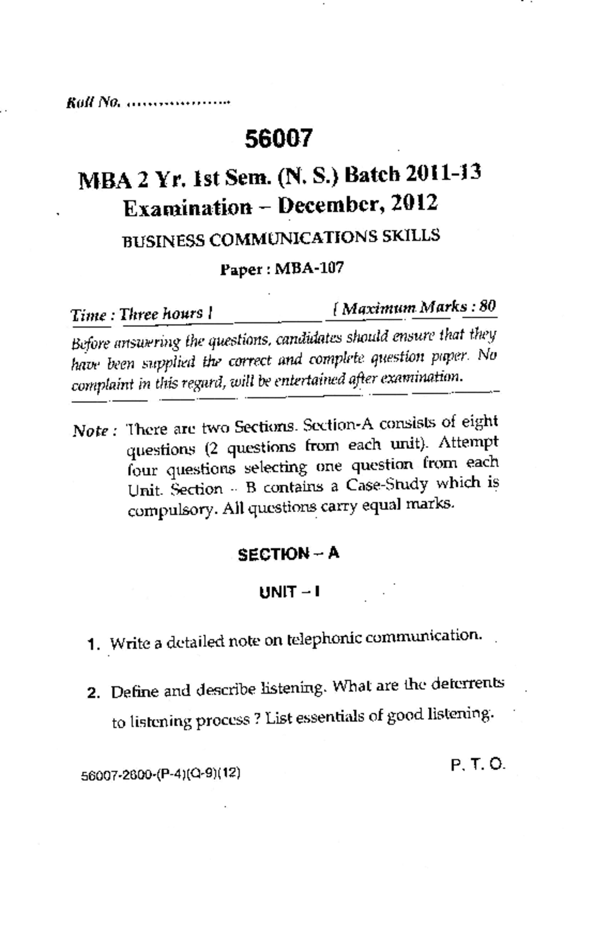 MBA Business Communications Question paper - Masters in business ...