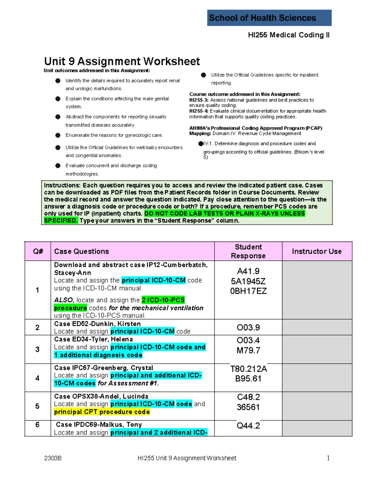 HI255 Medical Coding II Unit 3 Assignment Worksheet 2303B - Studocu