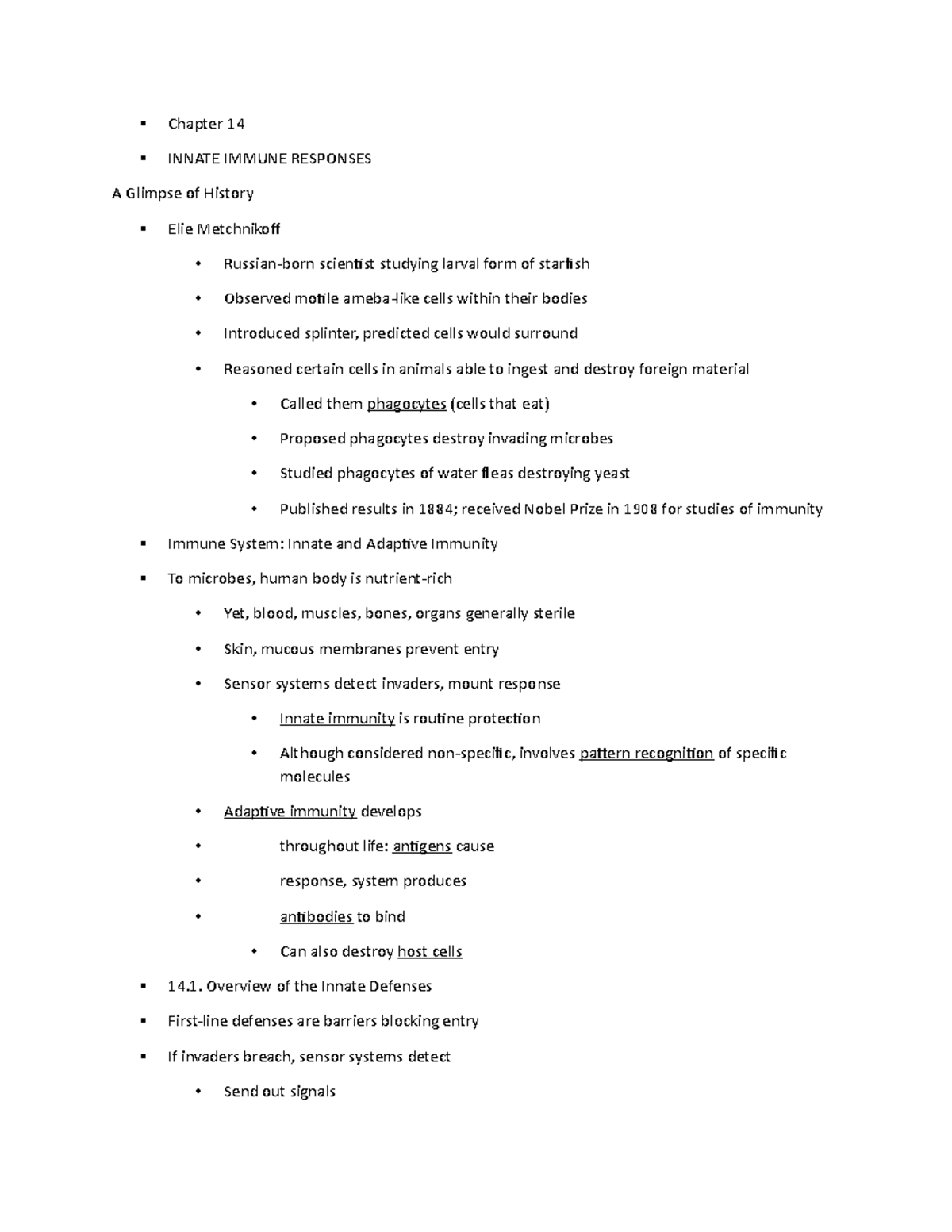 Chapter 14 lecture notes for BIO 215. - Chapter 14 INNATE IMMUNE ...