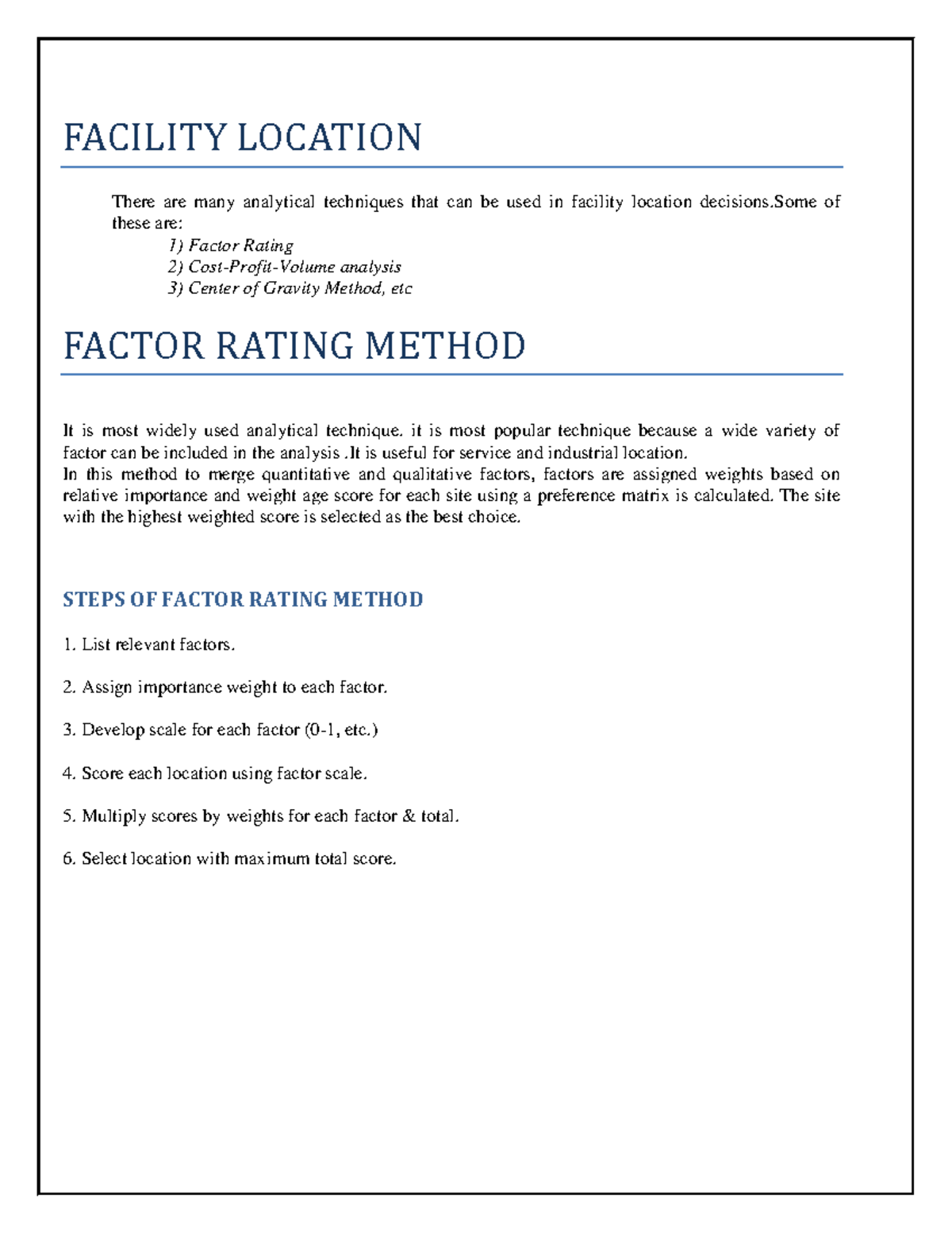 Facility Location Analysis Techniques Notes - Studocu