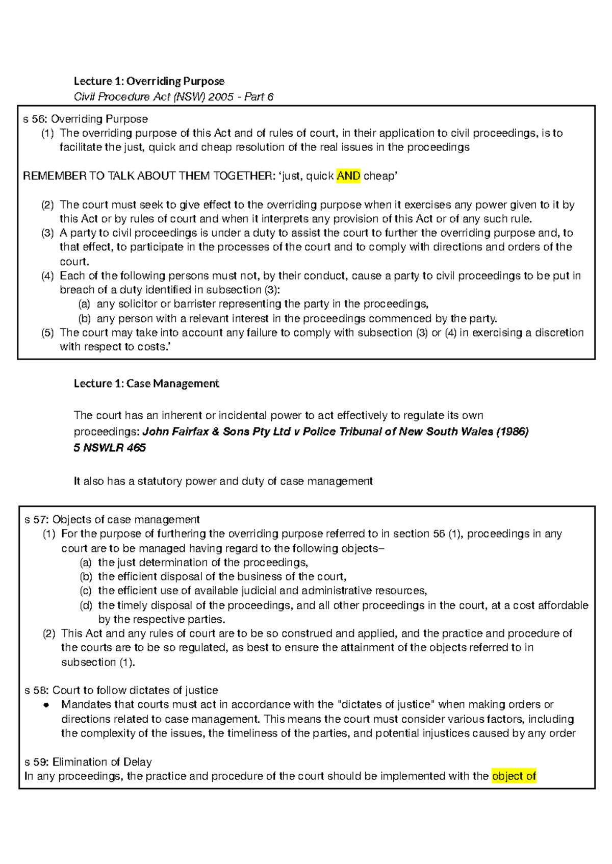 Lecture Notes: Civil Procedure Act (NSW) 2005 Overview and Key Sections ...