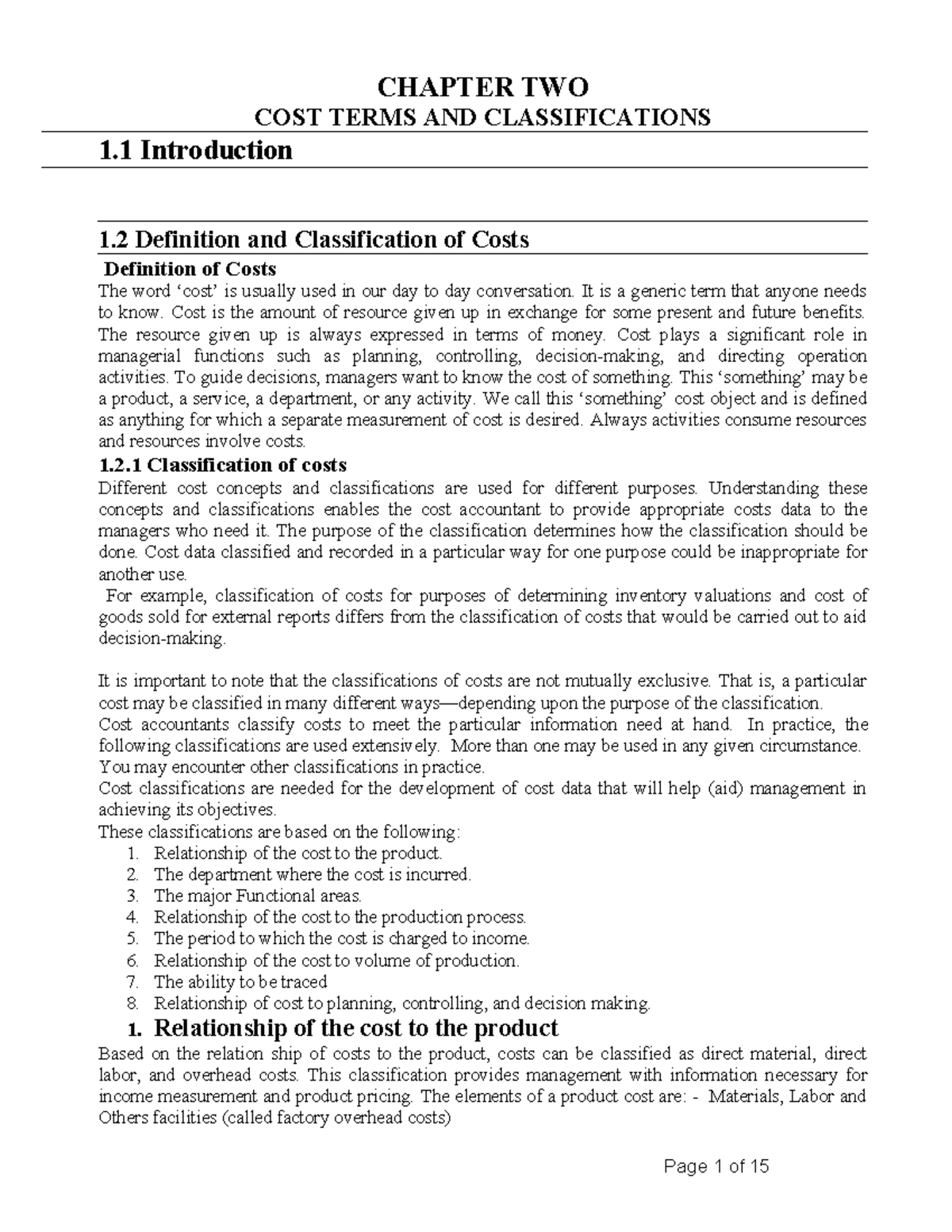 COST 101: CHAPTER TWO - COST TERMS AND CLASSIFICATIONS - Studocu