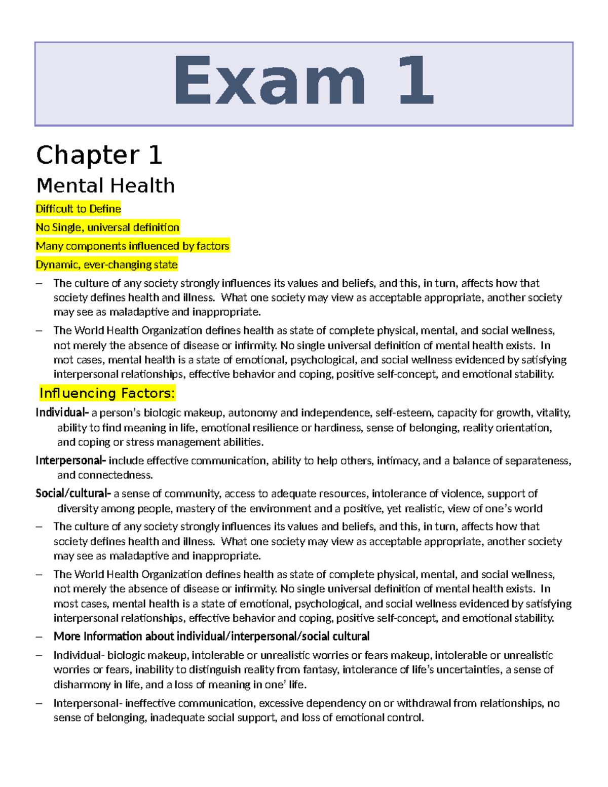 Exam 1: Understanding Mental Health Concepts and Influencing Factors ...