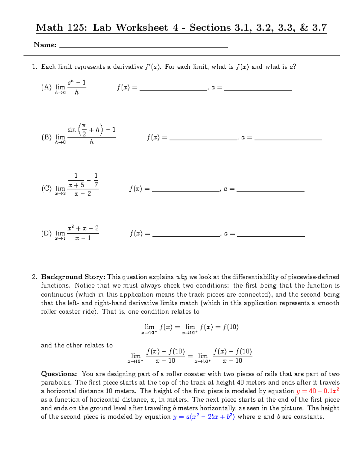 Math 125: Lab Worksheet 4 - Limits and Derivatives (3.1, 3.2, 3.3, 3.7 ...