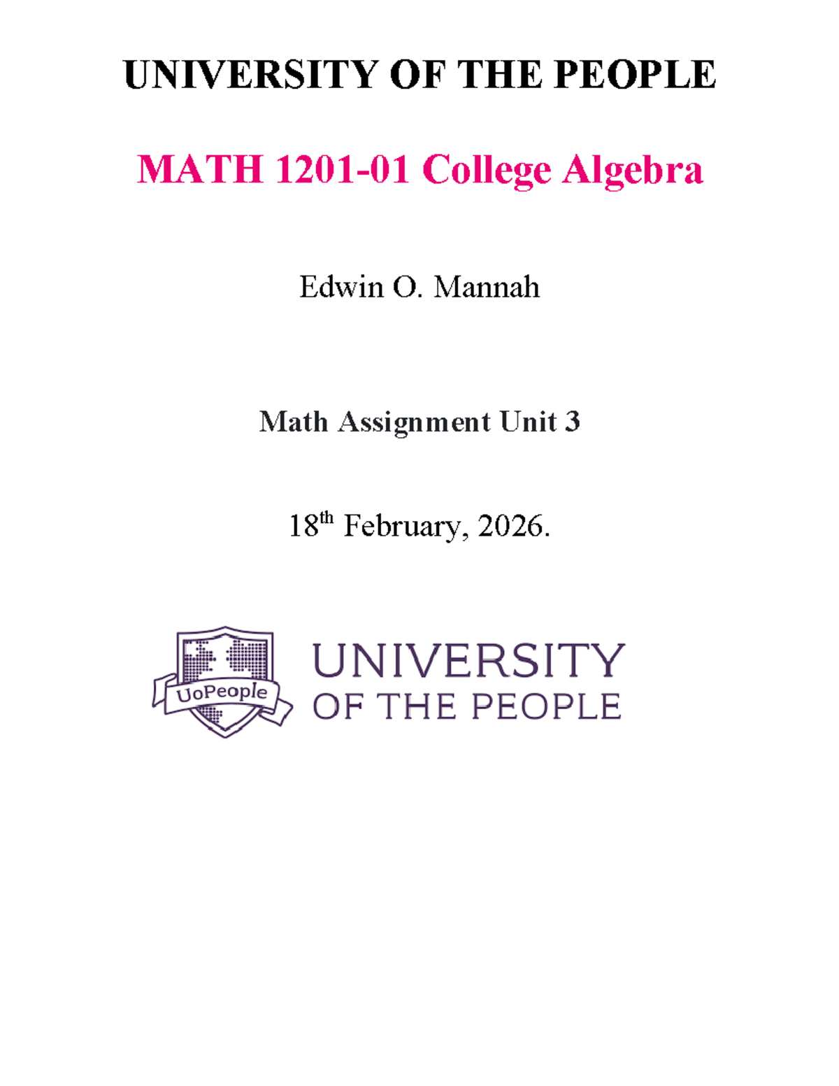 College Algebra Assignment (MATH 101) - Unit 3 Analysis and Solutions ...