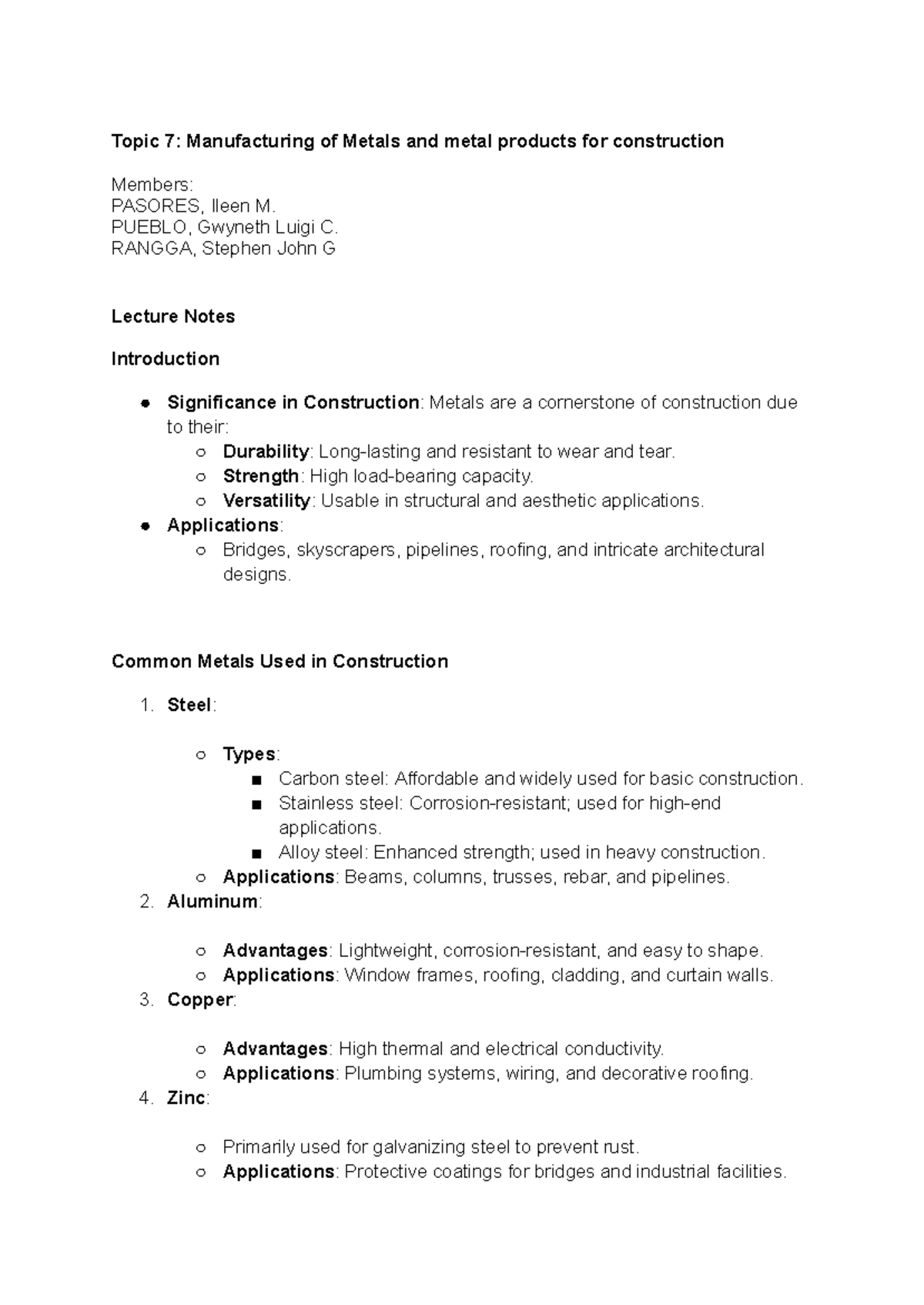 Topic 7: Lecture Notes on Metal Manufacturing in Construction - Studocu