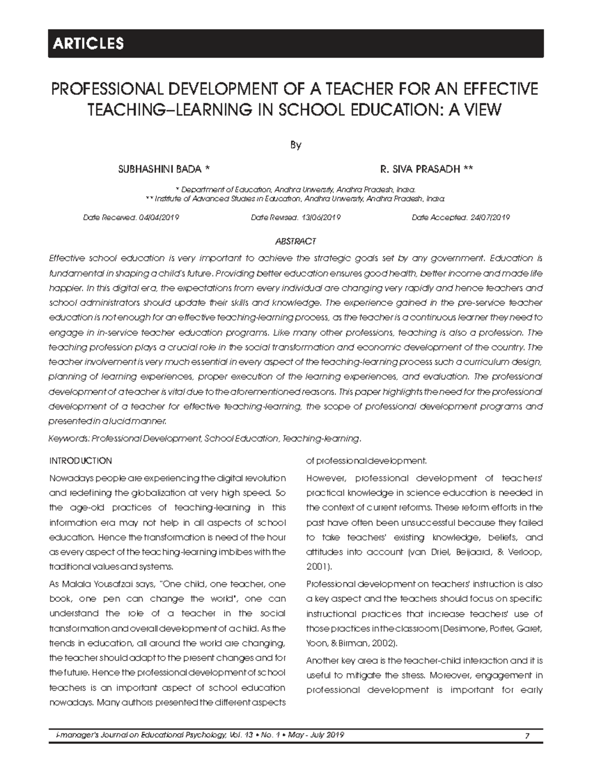 Professional Development of Teachers for Effective School Education ...