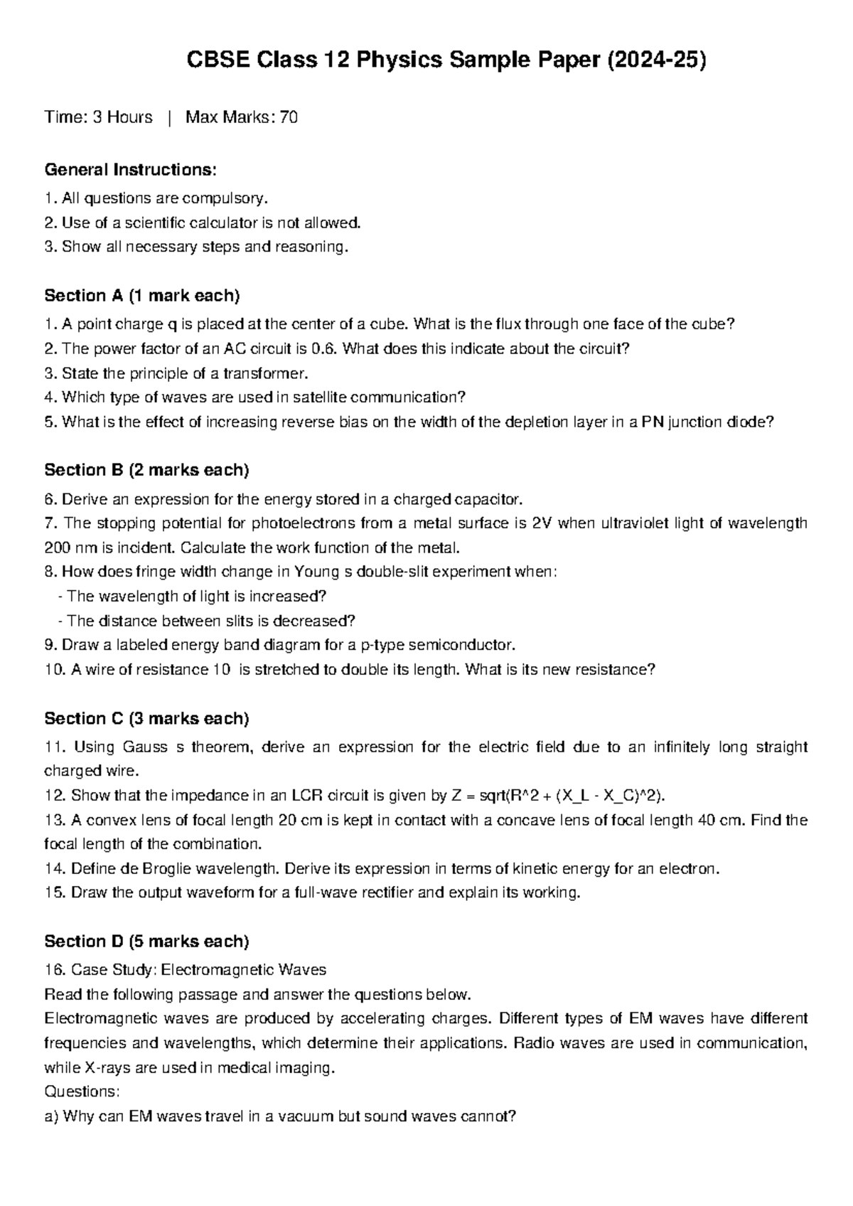Class 12 Physics Sample Paper - CBSE Class 12 Physics Sample Paper ...