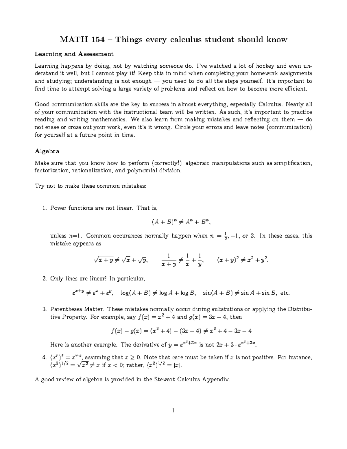 MATH 154 Essential Skills for Calculus Success: Learning & Assessment ...