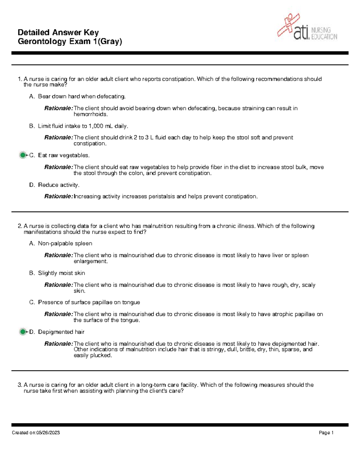 Gerontology Exam 1 Answer Key (Gray) - Detailed Rationale and Responses ...