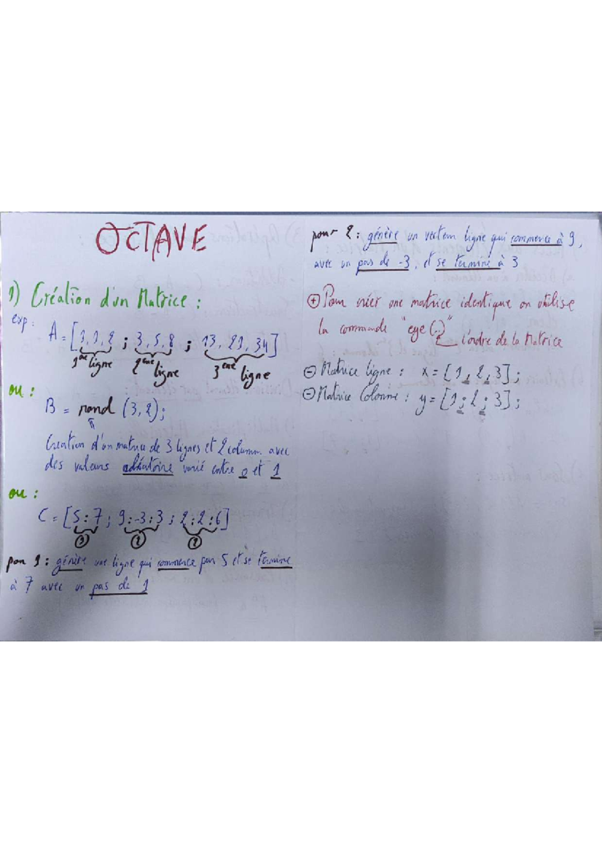 Octave - cours math - OcTAVE ponr 2: genere un vectem ligne gui ...