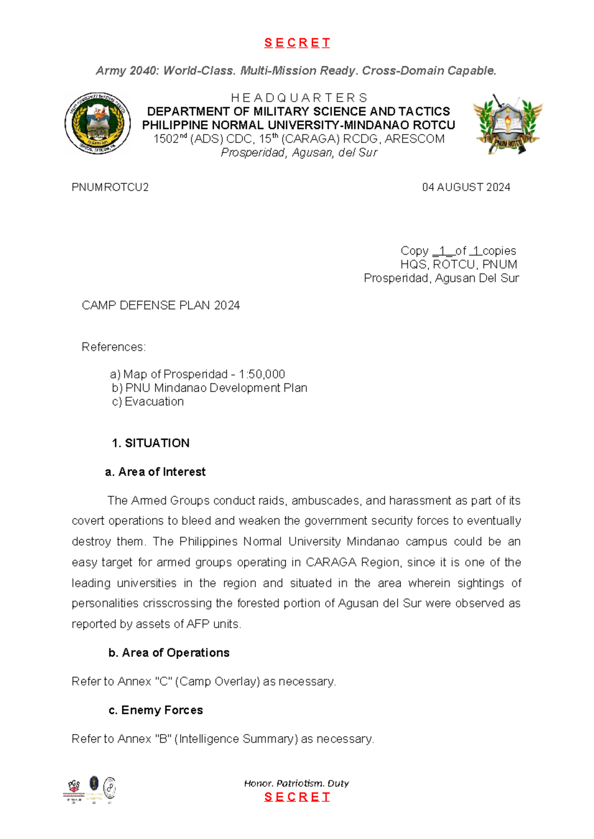 CAMP DEFENSE PLAN 2024: PNUMROTCU Security Strategy - Studocu