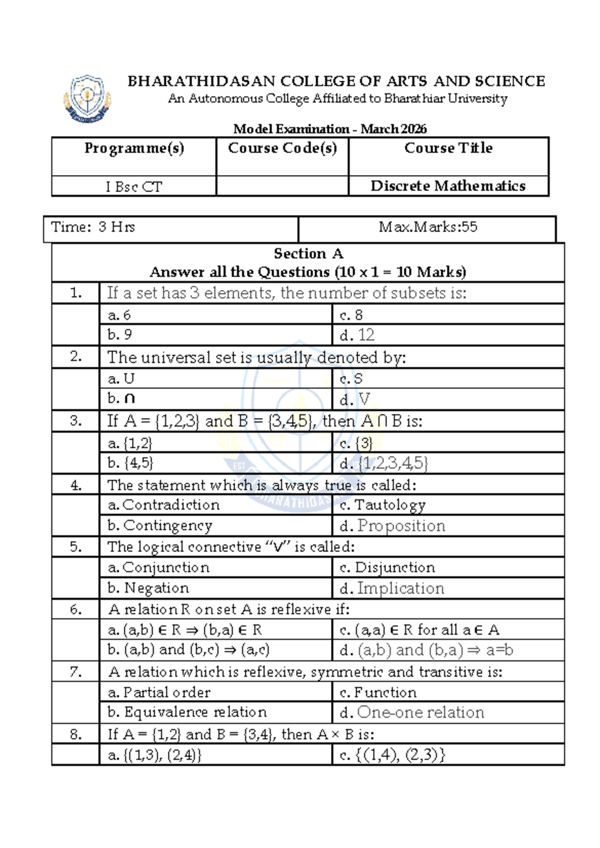 BSC CT Discrete Mathematics Model Exam March 2026 - Sample Questions ...