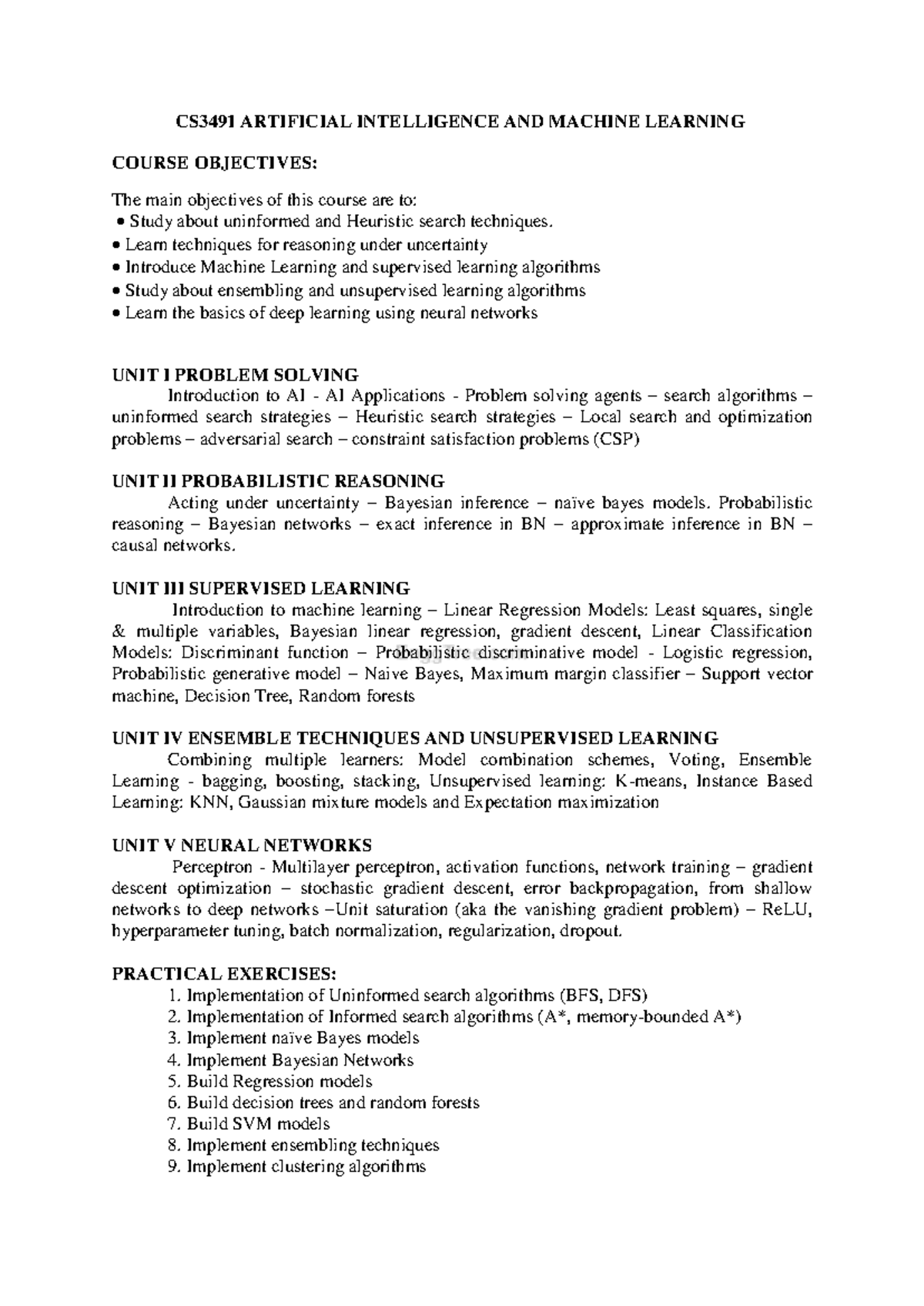 CS3491-AIML Key Concepts and Important Questions for Review - Studocu
