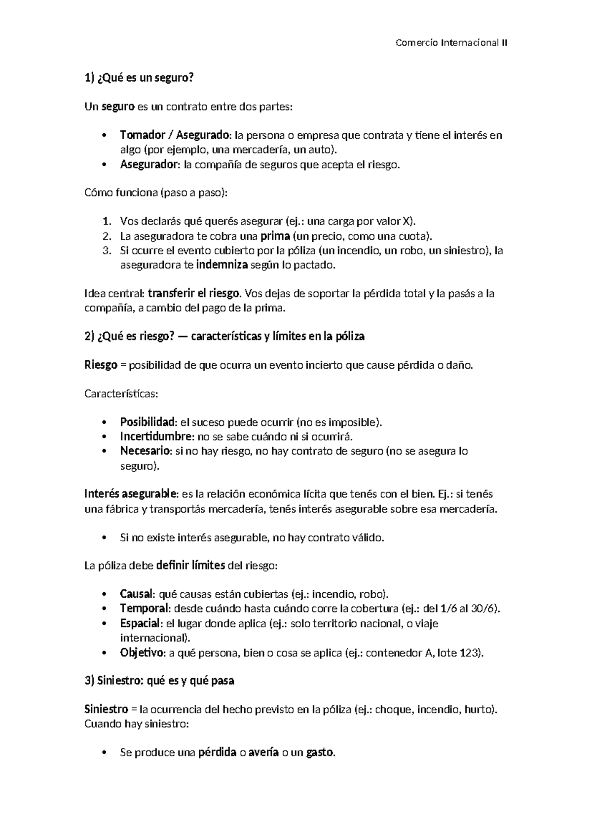 Comercio Internacional II: Primer Parcial - Seguros y Riesgos - Studocu
