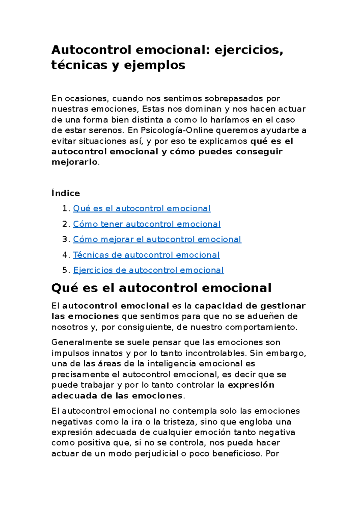 Ejercicios y Técnicas de Autocontrol Emocional: Guía Completa - Studocu