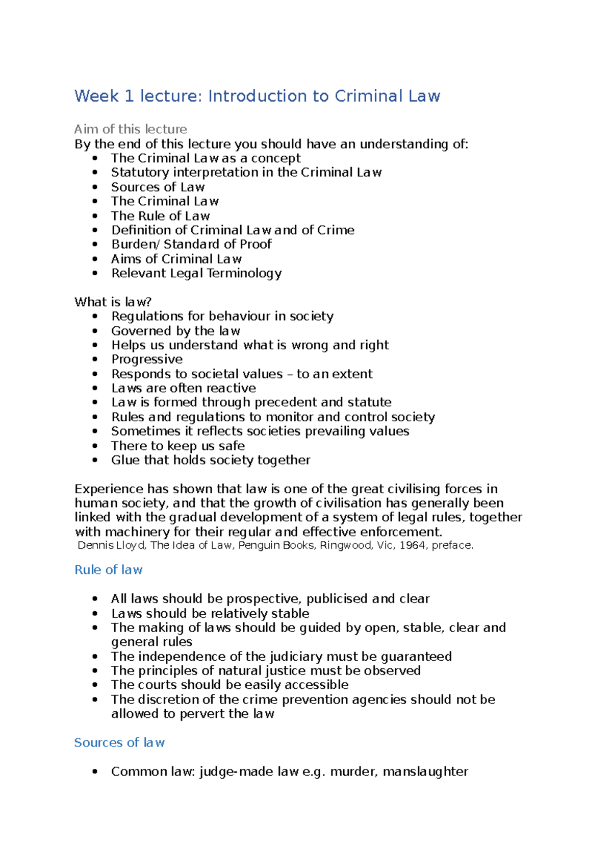 LAWS106 - Week 1 Notes - Week 1 lecture: Introduction to Criminal Law ...