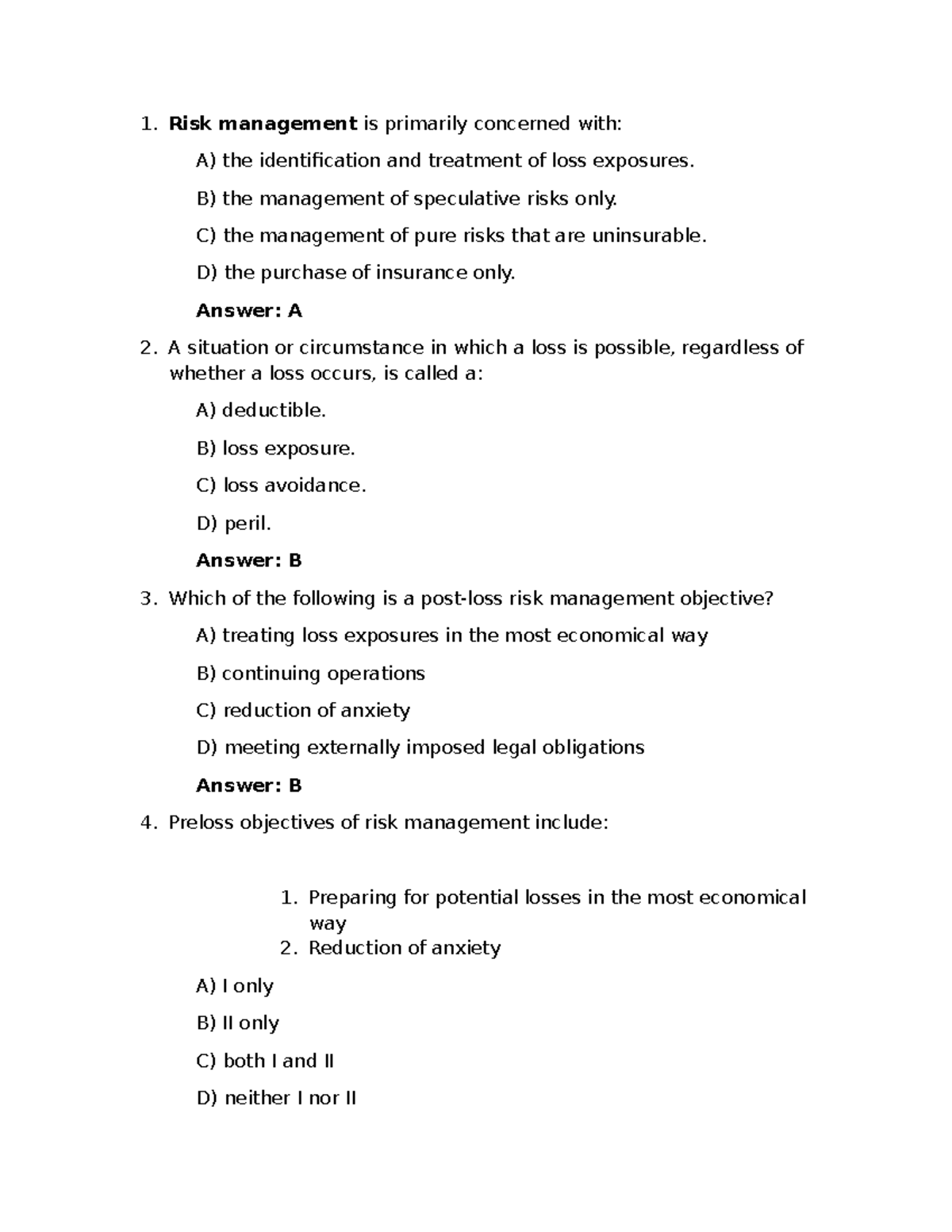 NLBH - Risk Management Quiz Answers and Explanations - Studocu