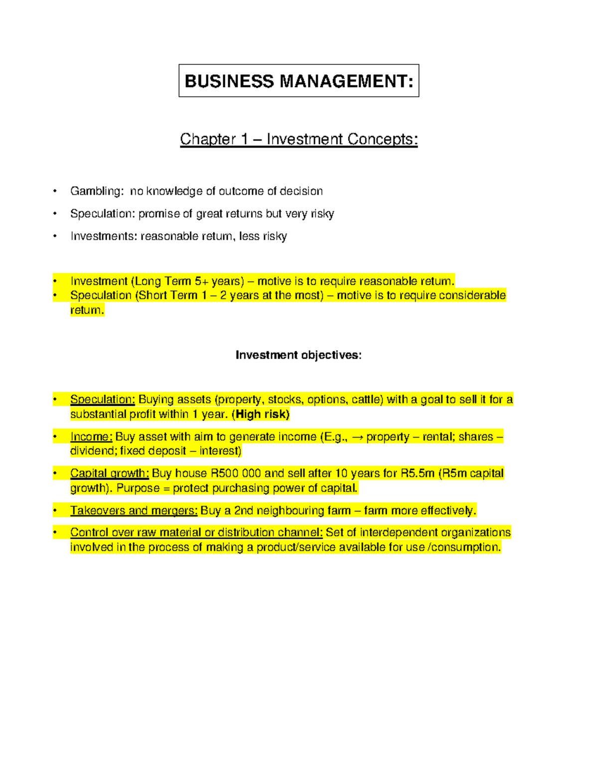 Business Management 142: Chapter 1 Investment Concepts Overview - Studocu