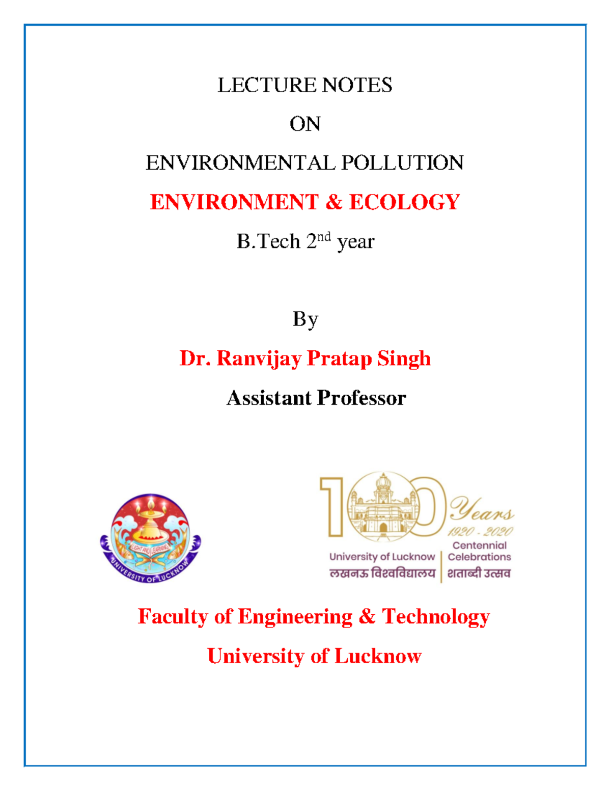 LECTURE NOTES ON ENVIRONMENTAL POLLUTION B.Tech 2nd Year - Studocu
