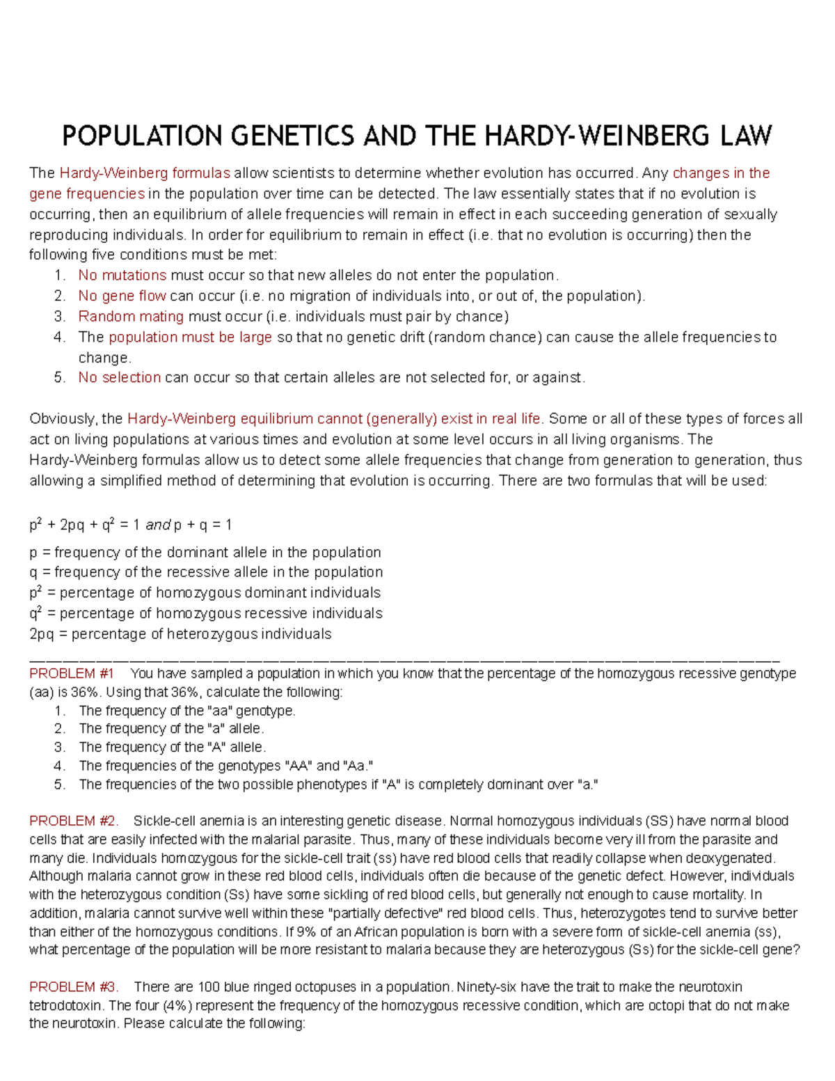 Hardy Weinberg Problem Set & background info - POPULATION GENETICS AND ...