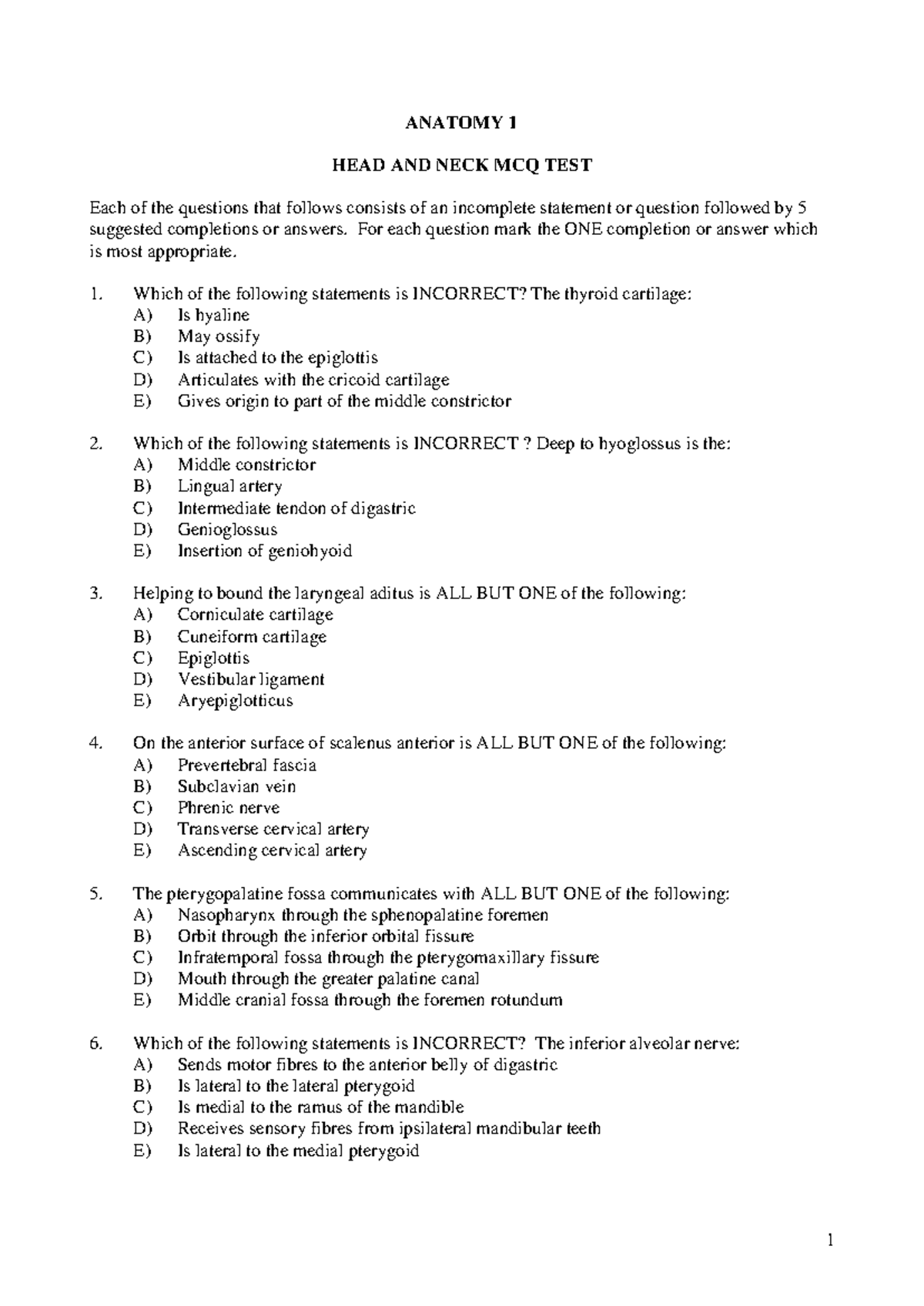 Anatomy 1 Final Exam MCQ - Head and Neck Overview - Studocu