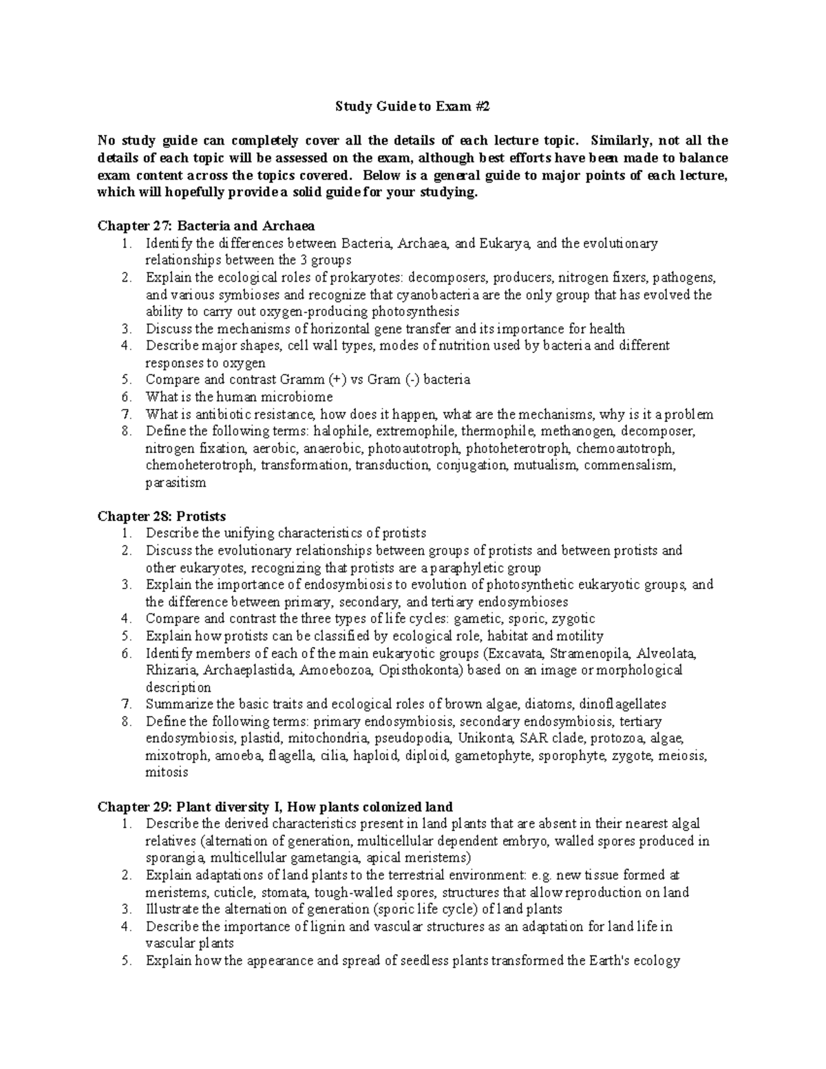 Study Guide to Exam 2 BSC2011: Bacteria, Protists, and Plant Diversity ...