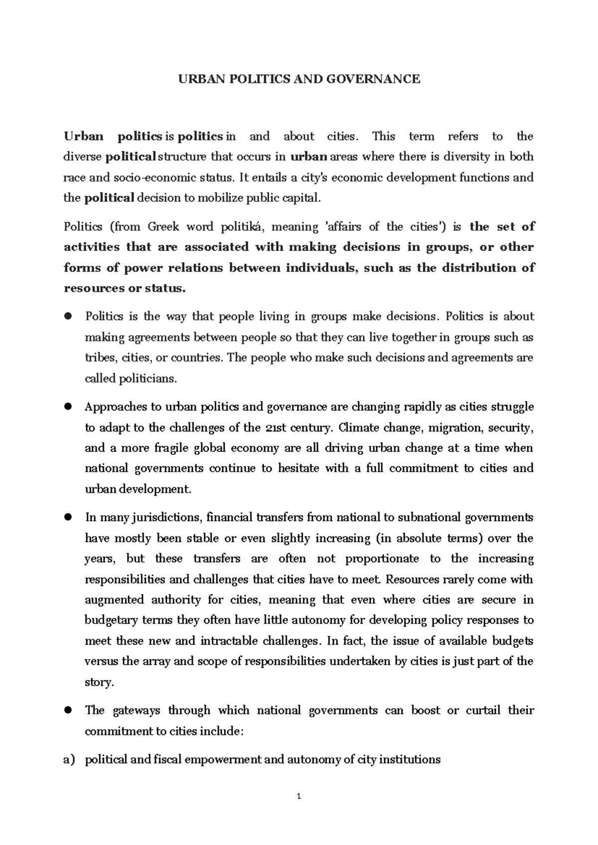 URBAN POLITICS AND GOVERNANCE: Analyzing 21st Century Challenges - Studocu