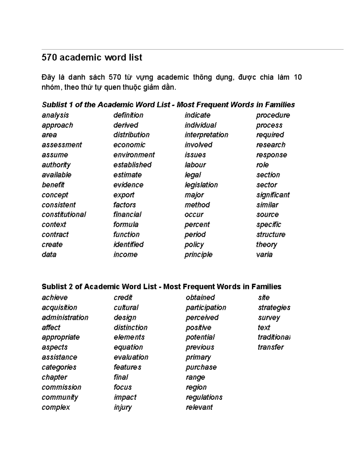 570 Academic Word List: Essential Vocabulary for Success - Studocu