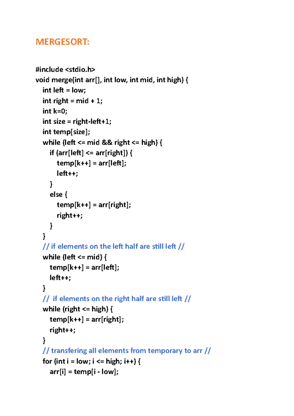 Sorting algo codes-1 - MERGESORT: #include void merge(int arr[], int ...