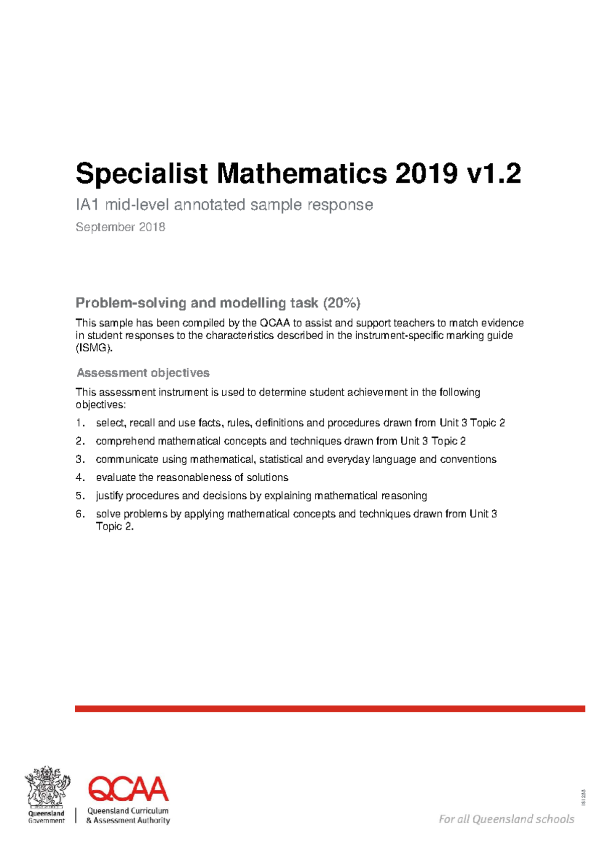 Specialist Mathematics 2019 v1.2 IA1 Annotated Sample Response Analysis ...