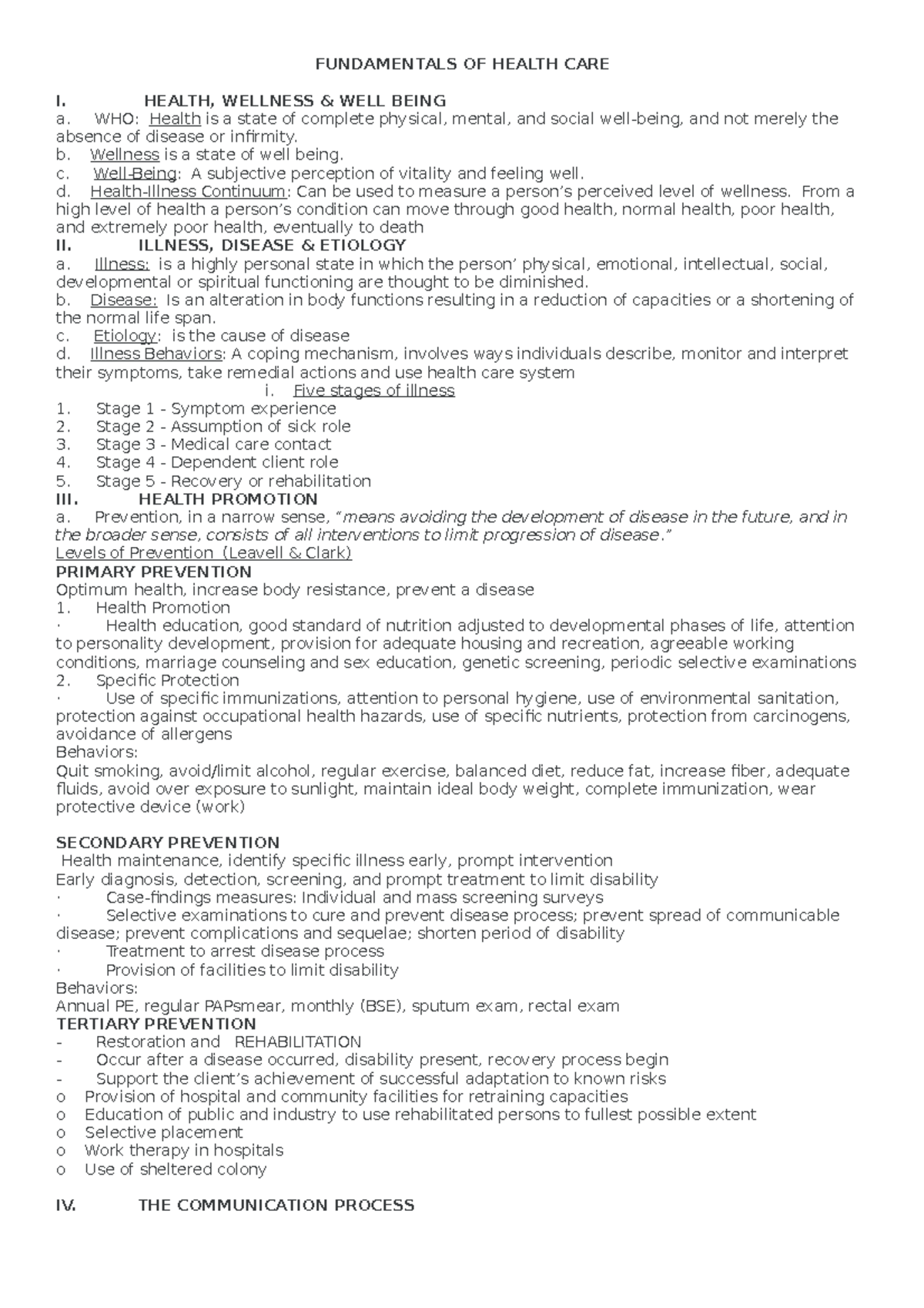FUNDAMENTALS OF HEALTH CARE: Wellness, Illness, and Communication Key ...