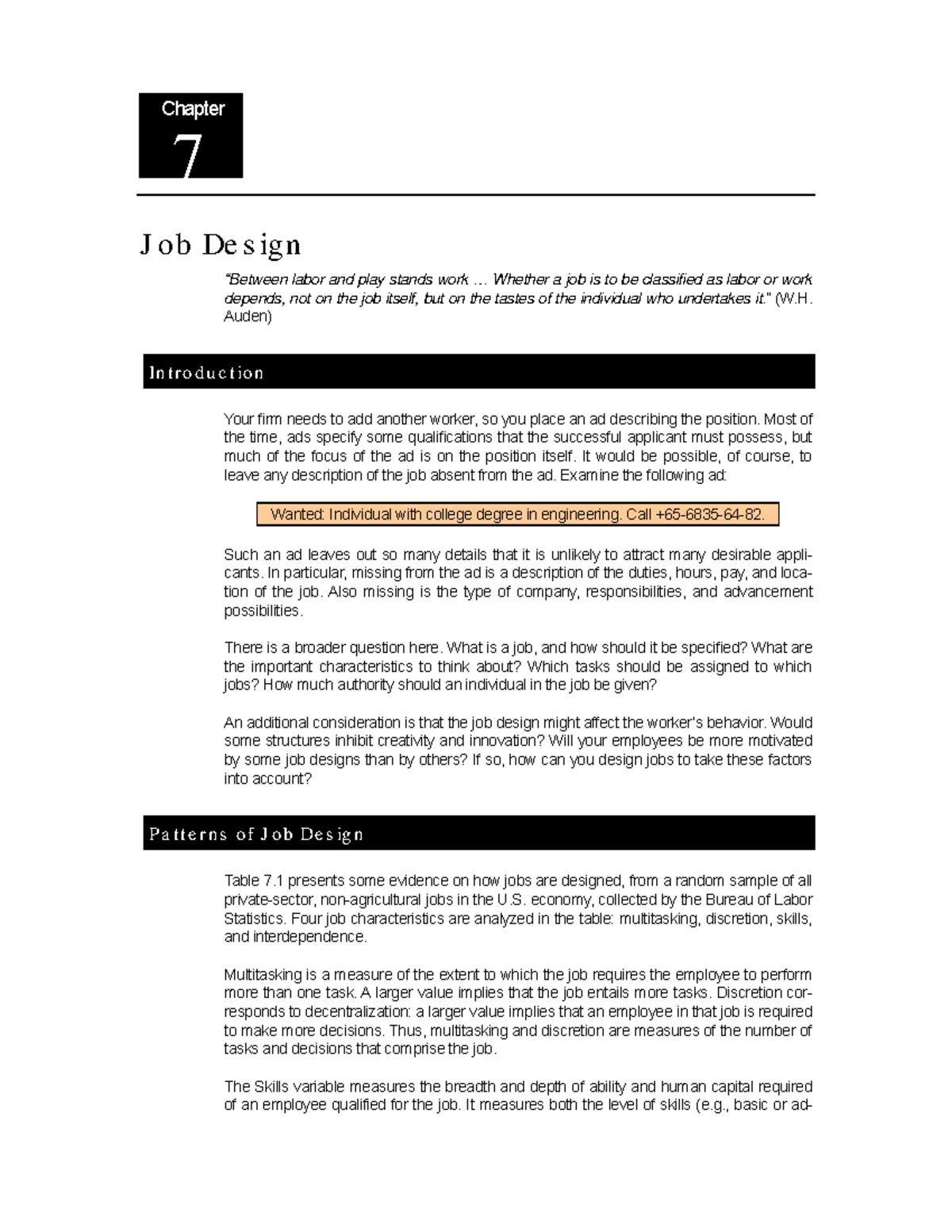 Chapter 7: Job Design - Balancing Labor and Work in Economics (PERS 101 ...