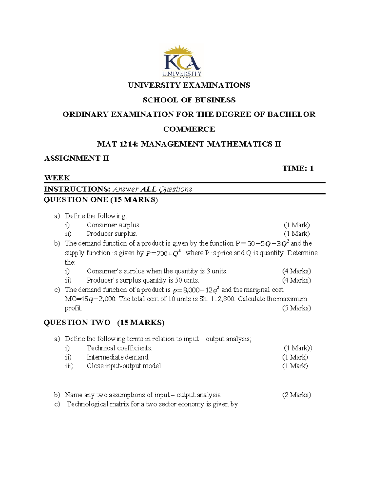 MAT 1214: Management Mathematics II Assignment II Guide - Studocu