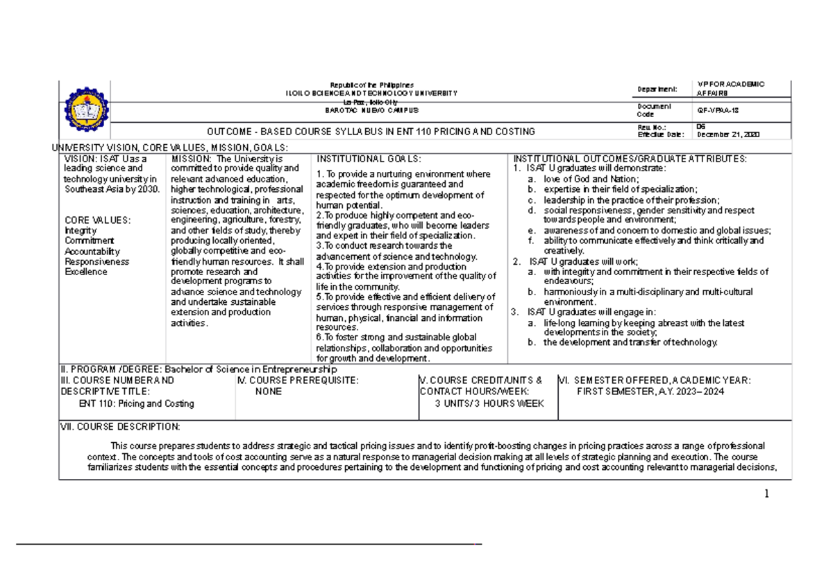 OUTCOME BASED COURSE SYLLABUS FOR ENT 110: PRICING AND COSTING - Studocu