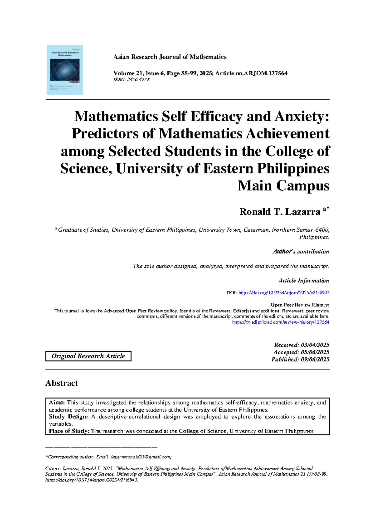 Mathematics Self-Efficacy and Anxiety: Predictors of Achievement in UEP ...