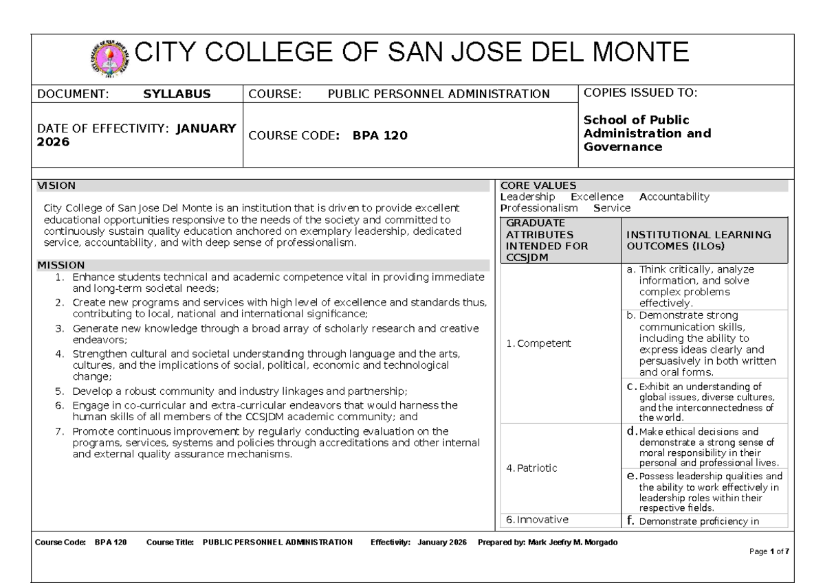 BPA 120 Syllabus: Public Personnel Administration (Effective Jan 2026 ...