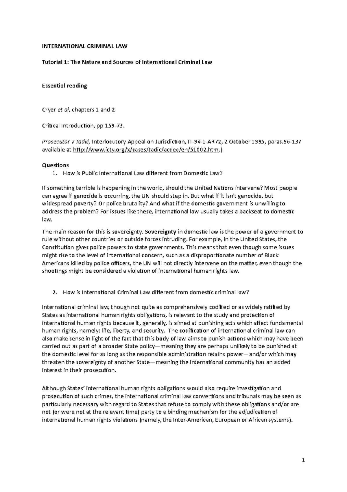 Tutorial 1 - The Nature and Sources of International Criminal Law (ICL ...