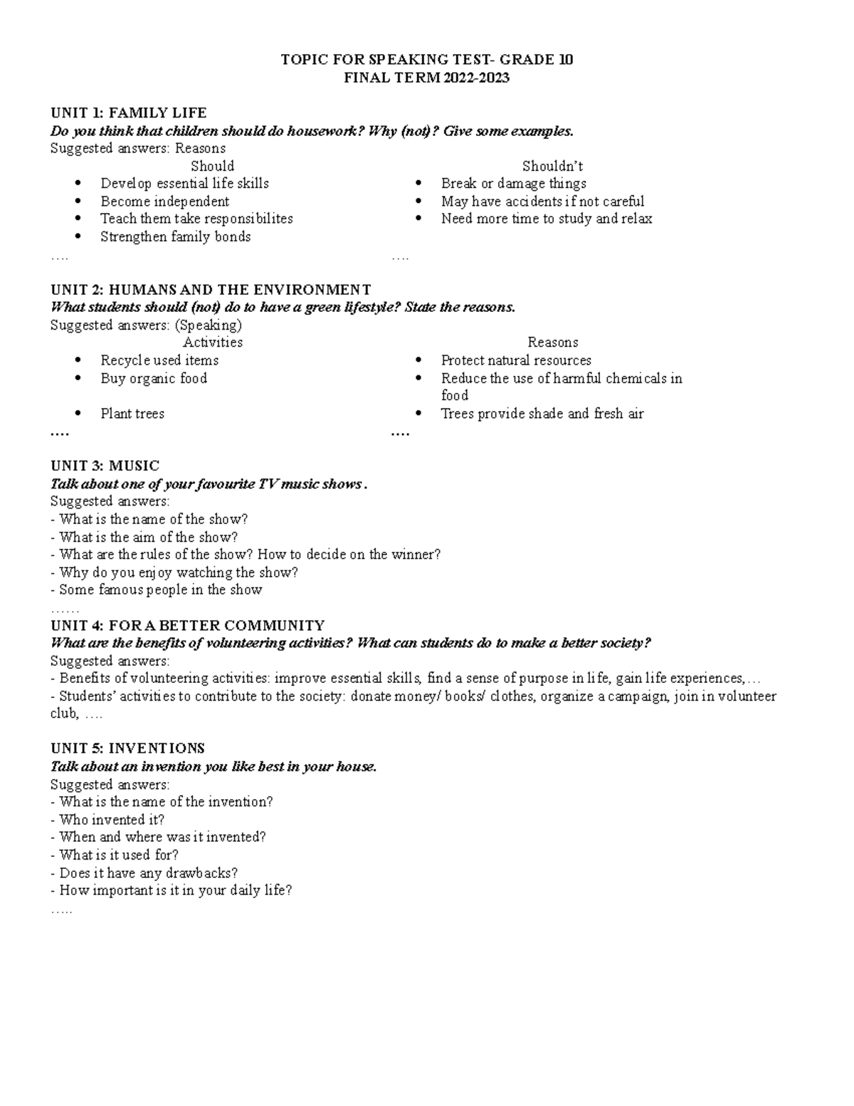 Topic FOR Speaking TEST - 10 - TOPIC FOR SPEAKING TEST- GRADE 10 FINAL ...