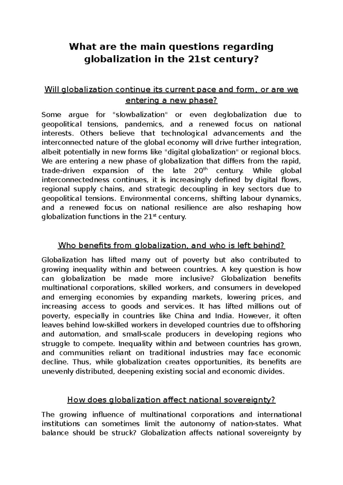 Globalization in the 21st Century: Key Questions and Challenges (GLB ...