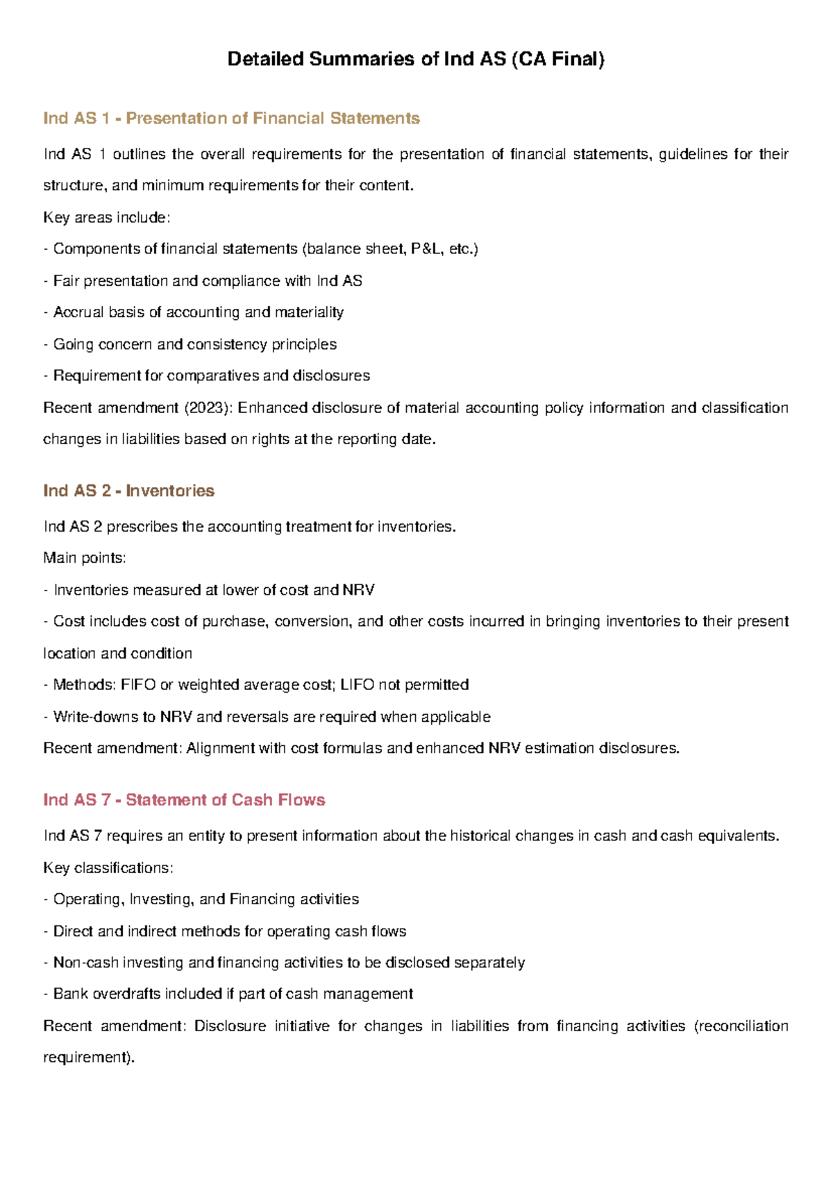 Ind AS Summaries for CA Final: Key Concepts & Recent Amendments - Studocu