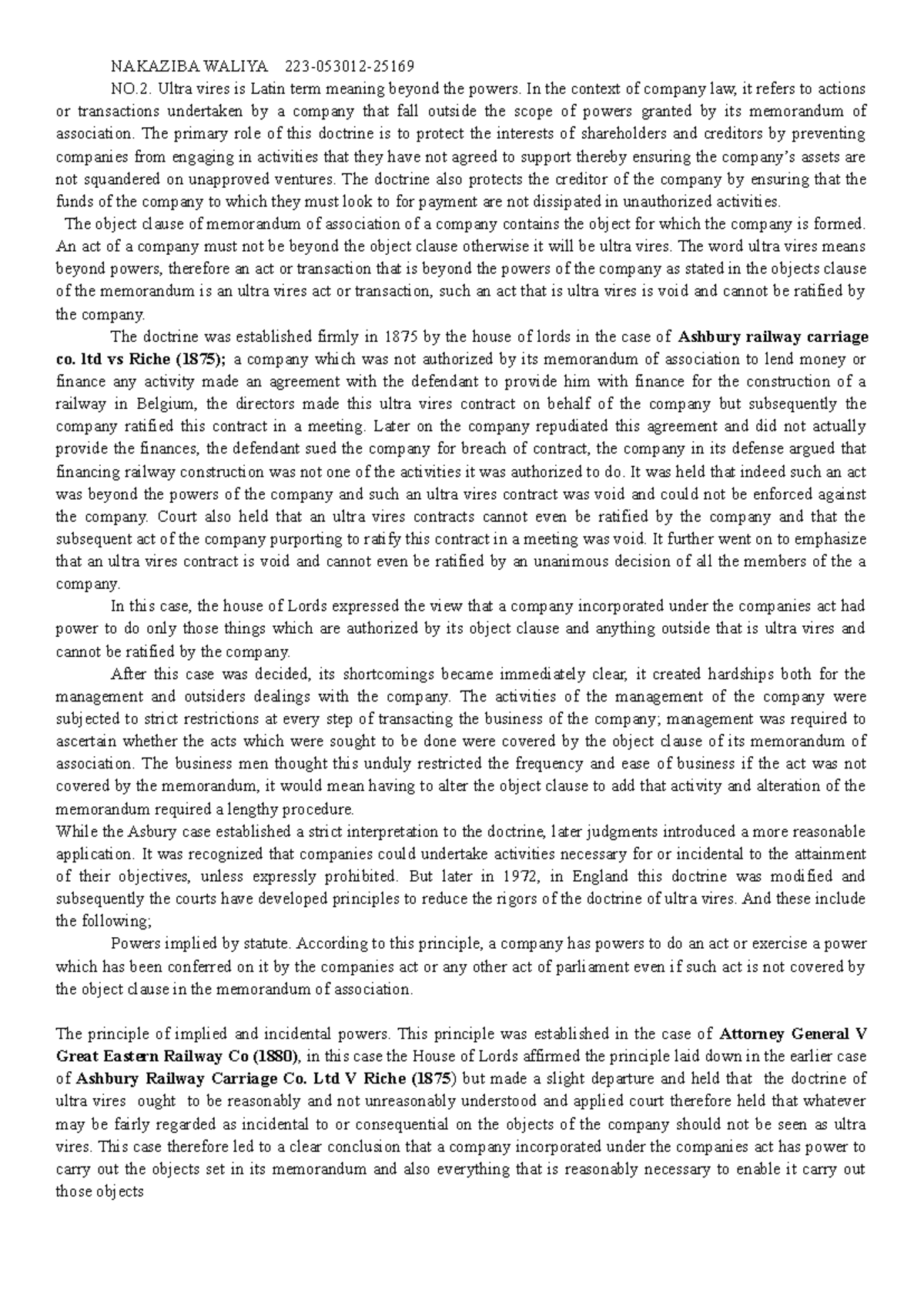 Company Law: Understanding the Doctrine of Ultra Vires in Context - Studocu