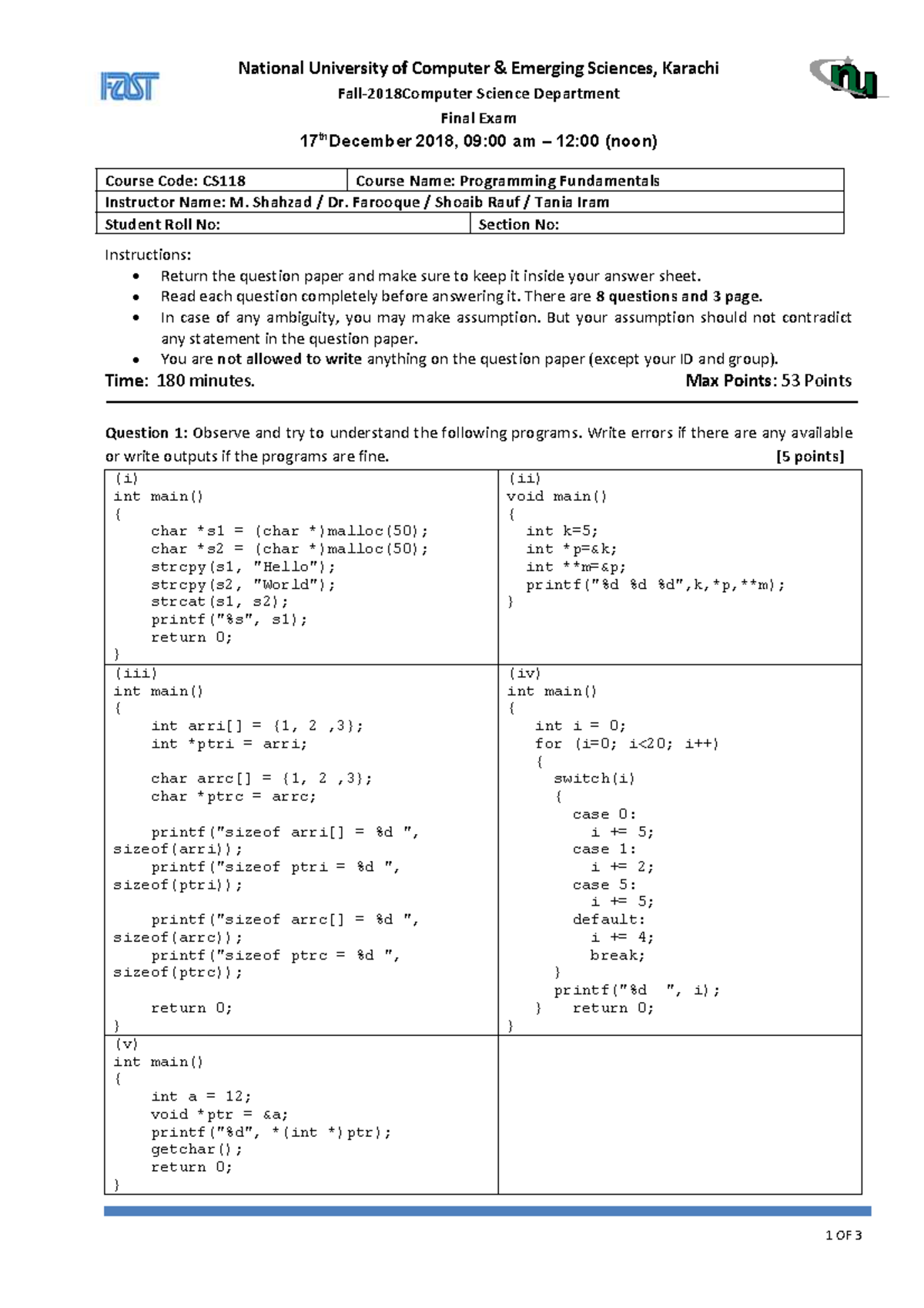 PF Final Exam CS118 - Programming Fundamentals - 17 Dec 2018 - Studocu