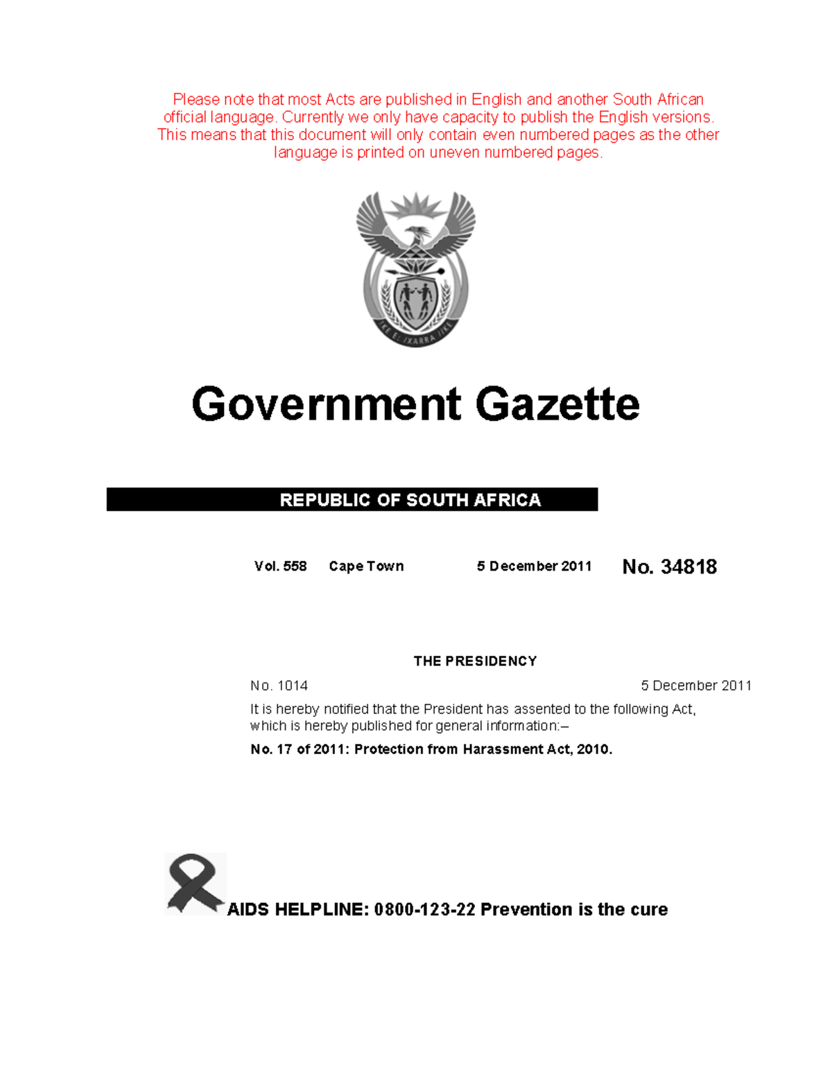 Protection from Harassment Act, 2011 - Government Gazette No. 34818 ...