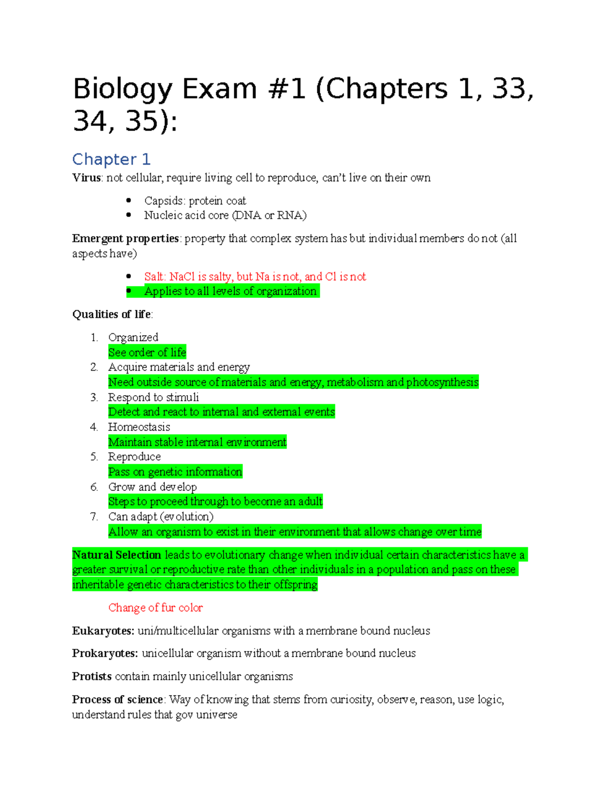 Biology Exam 1 Study Guide: Key Concepts from Chapters 1, 33, and 35 ...