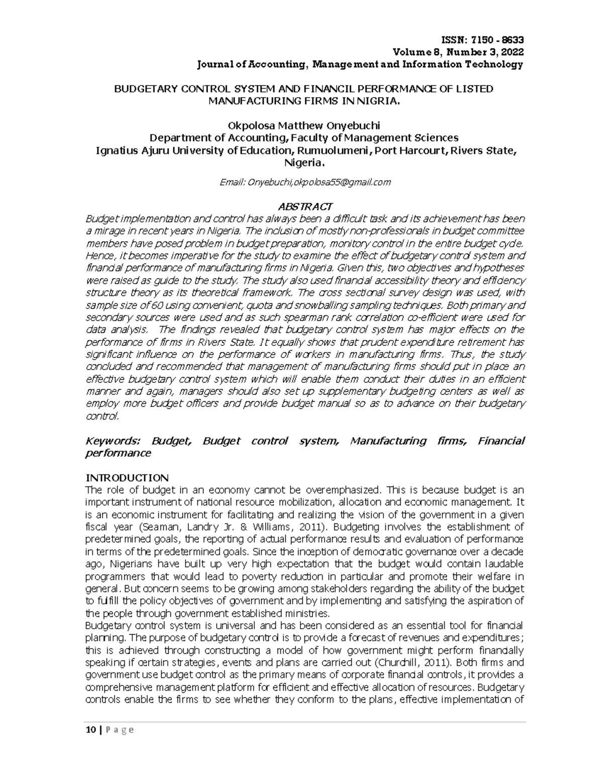 Budgetary Control System & Financial Performance in Listed MFG Firms ...