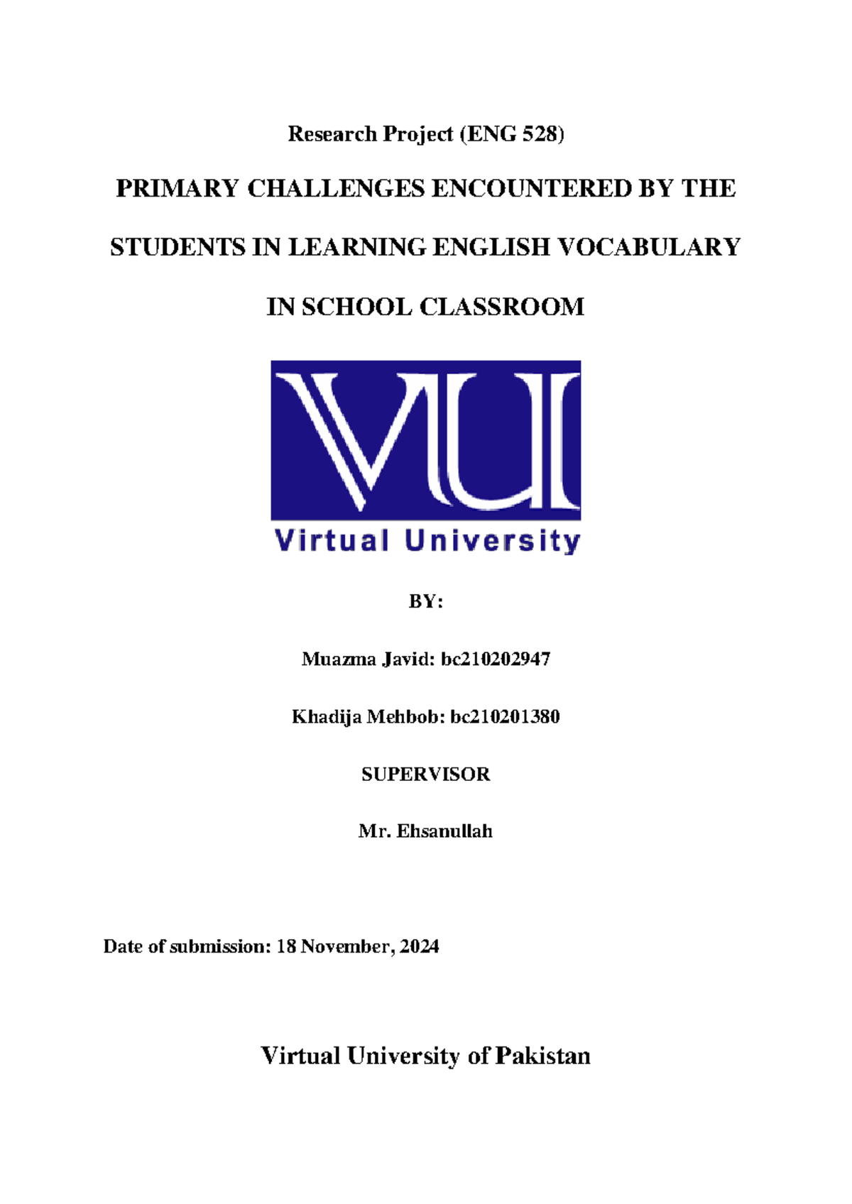 Research Project (ENG 528): Challenges in Learning English Vocabulary ...