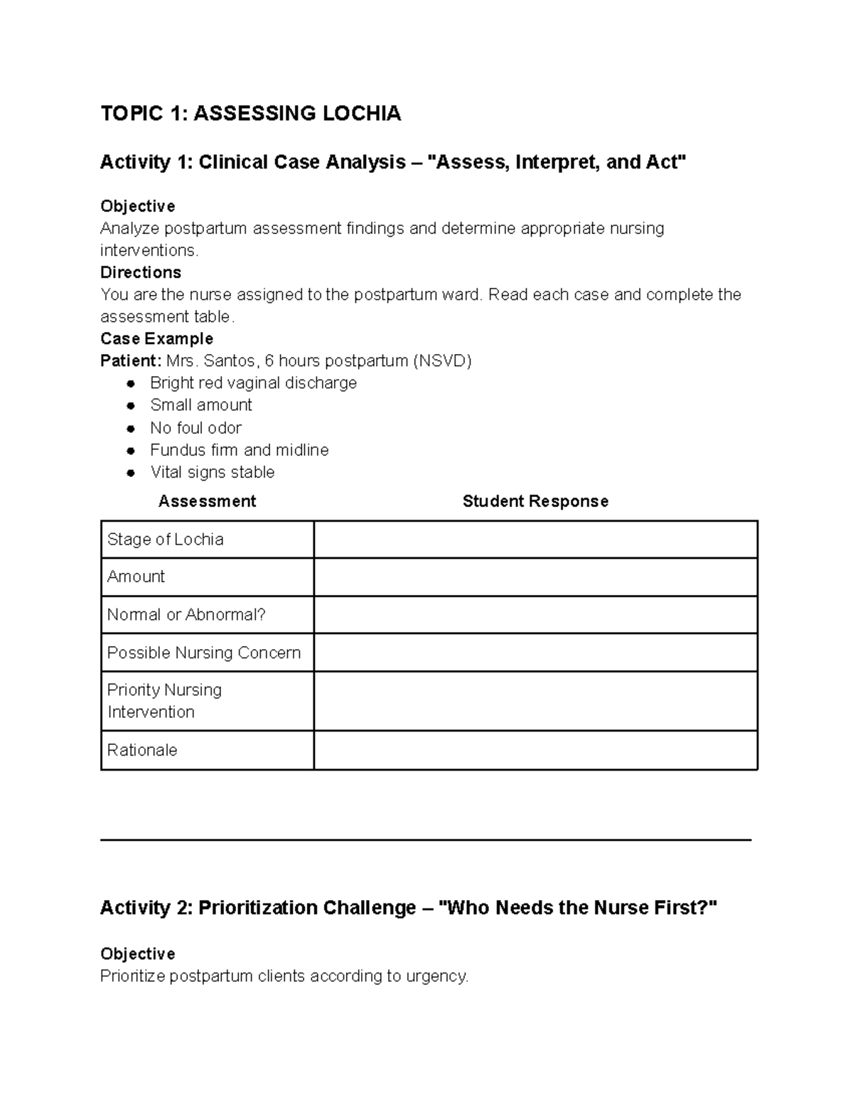 Assessing Lochia & Partography: Clinical Case Analysis (NURS 101) - Studocu