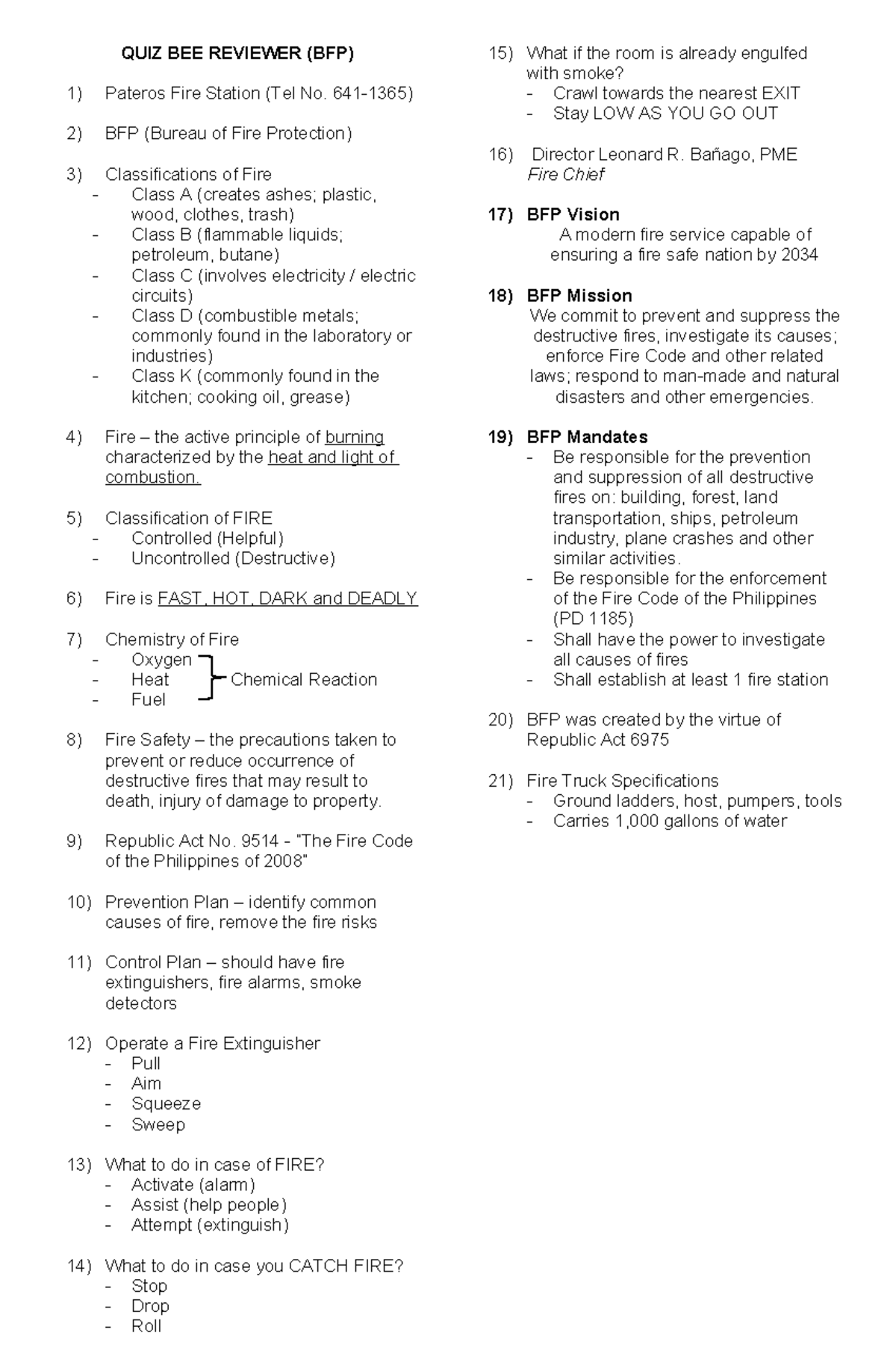 Fire Safety Quiz Bee Reviewer (BFP) - Studocu